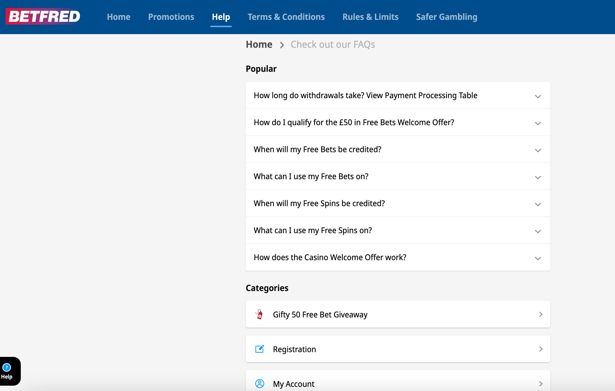 Betfred's help centre, showing FAQs plus categories of enquiry